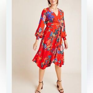 Anthropologie V-Neck Orange and Blue Wrap Dress